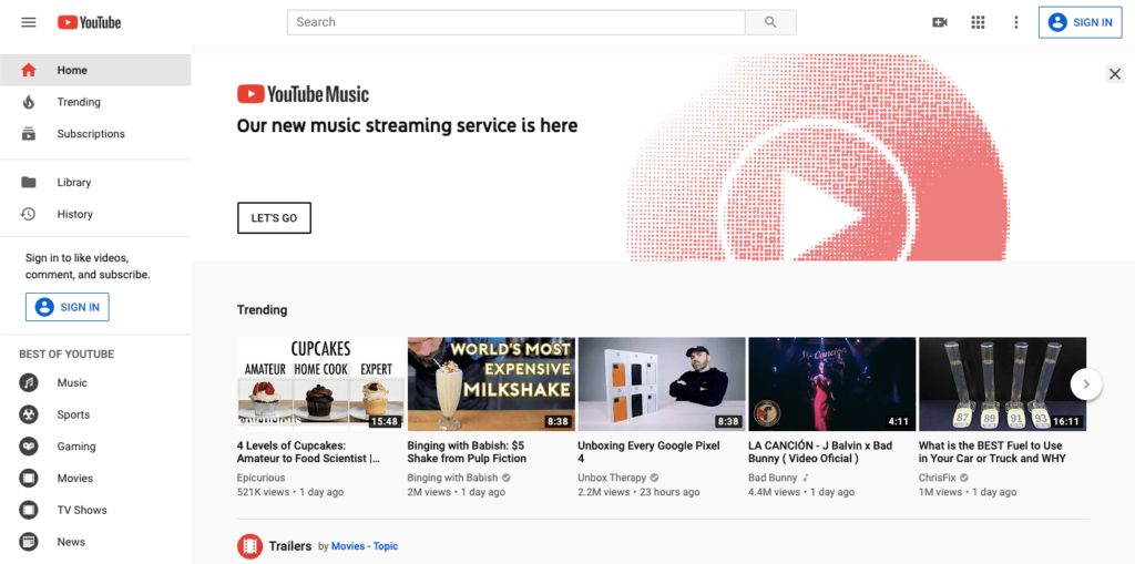 YouTube homepage